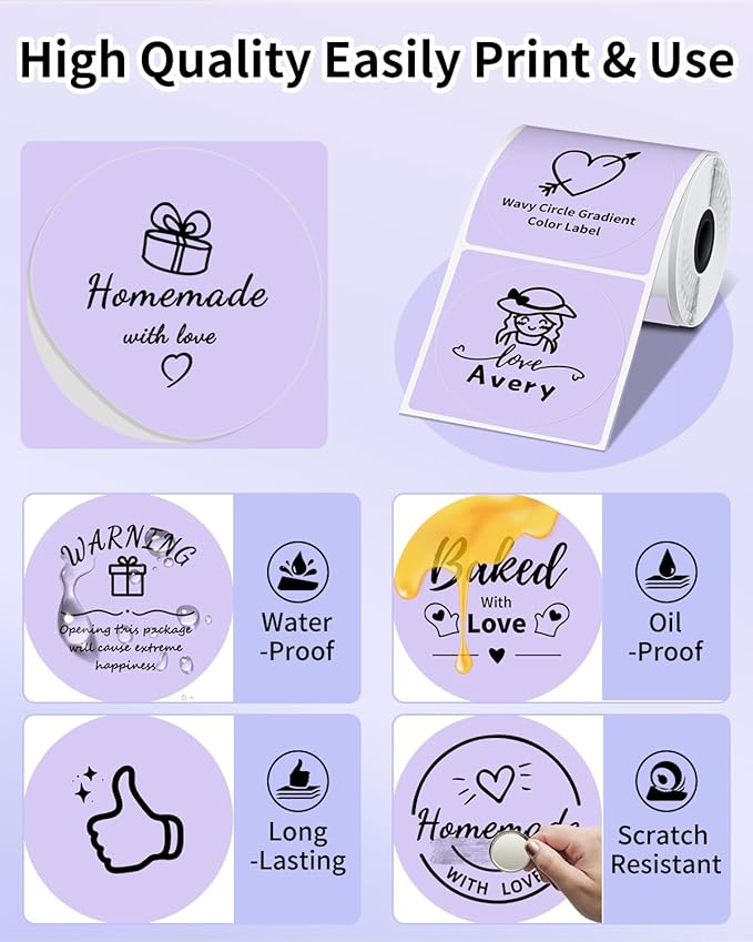 Phomemo Purple Circle Thermal Sticker Label Compatible with M100/M110/M220/M250/M120/M200/M150 Label Maker, Size 1.96" x 1.96" Round Thermal Label