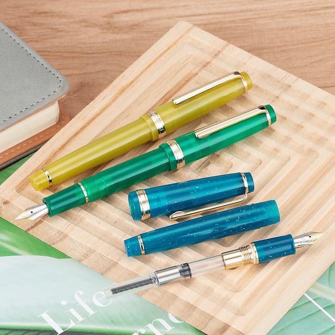 Jinhao 82 Acrylic Fountain Pen, Iridium Extra Fine Nib with Ink Converter, Transparent Peacock Blue Fluorescent Classic Design Smooth Writing Pen (Gold Trim)