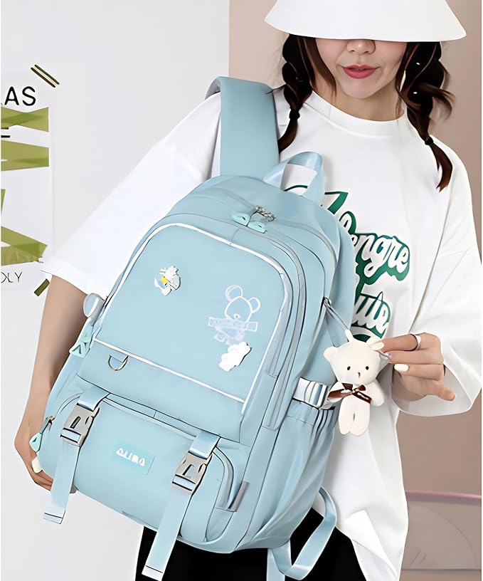 Cute School Laptop Backpack with Large Capacity Multiple Pockets for Girls Travel Friendly with Luggage Strap Accessory Included (Blue)