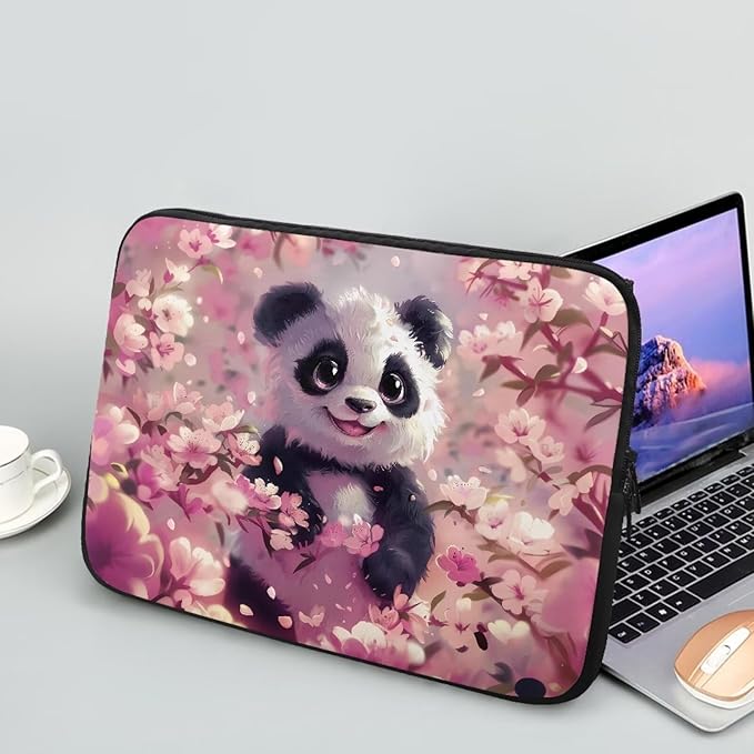 Panda Cherry Blossom Printed Computer Case Bag for Girls Boys, Washable 12 Inch Laptop Bag Carrying Case Laptop Briefcase Neoprene with Zipper, Compatible with Various Computers, Pink