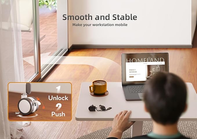 Mobile Standing Desk, Small Rolling Standing Desk, Mobile Desk Workstation with Wheels, Pneumatic Mobile Laptop Desk for Home Office with Hook, White