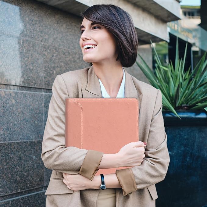 AZXCG Portfolio for Women, 3 Ring Binder Padfolio, Vegan Leather Office Binders Portfolio, Zippered Business Binder Folio Organizer, A4 Legal Pads Clipboard Padfolio, Gift for Women/Girls, Pink