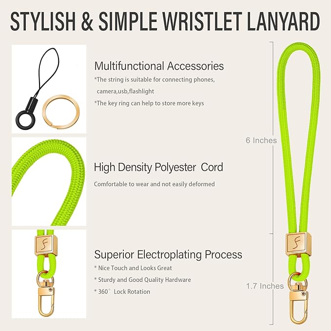 Fishent Keychain Wristlet lanyard, Cute Key Chain Holder, Upgraded Woven Wrist Lanyard for Keys, Wristlet Strap Keychain for Women Men Car Keys ID Badges Card Wallet Phone (Neon)