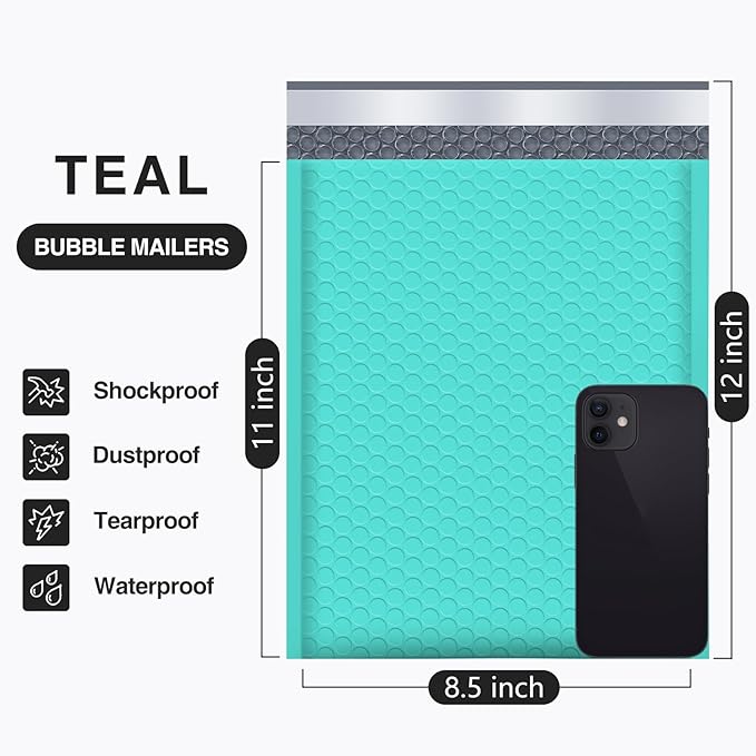 UCGOU Bubble Mailers 8.5x12 Inch Teal 25 Pack Usable Size 8.5x11 Poly Padded Envelopes #2 Medium Mailing Opaque Packaging Postal Self Seal Waterproof Boutique Shipping Bags for Clothes Makeup