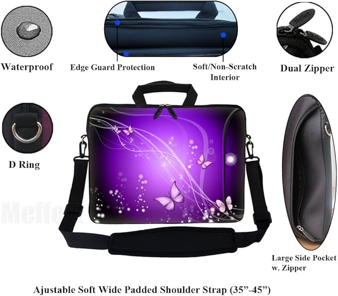Meffort Inc 17 Inch Neoprene Laptop Bag with Extra Side Pocket, Soft Carrying Handle & Removable Shoulder Strap Fit 16" to 17.3" Size - Purple Swirl Butterflies