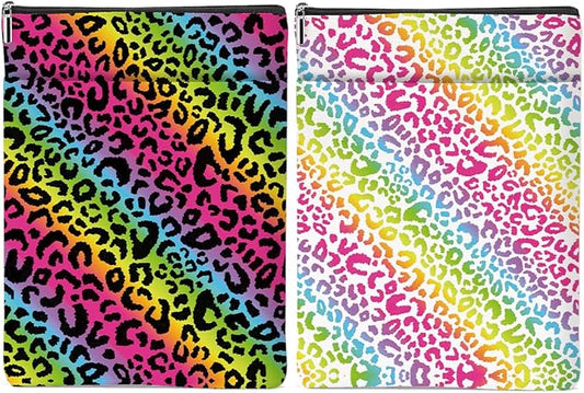 2 Pack Rainbow Leopard Print Book Sleeve, Books Protector，Books Pouch， Book Lovers Gifts，Bookish Gifts Waterproof Cover with Zipper，Leopard Decor Gift Bag for Women Girls Manager Christmas