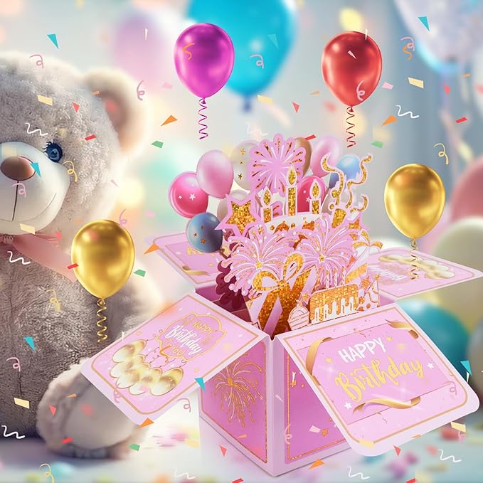 Surprise Pop Up Happy Birthday Cards, Lovely 3D Birthday Card for Adults and Kids with Envelopes, Unique Design Handmade Foldable Greeting Cards for Daughter, Son, Mom, Dad, Friend（Pink）
