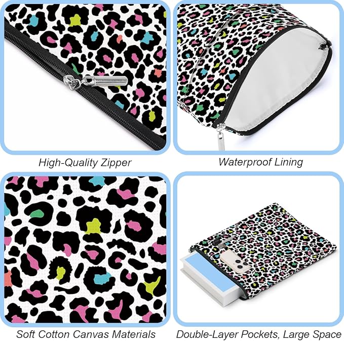 2 Pack Rainbow Leopard Print Book Sleeve, Books Protector，Books Pouch， Book Lovers Gifts，Bookish Gifts Waterproof Cover with Zipper，Leopard Decor Gift Bag for Women Daughter Thank You Christmas