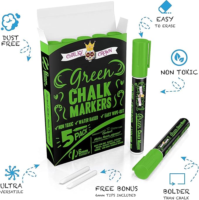 CHALKY CROWN Liquid Chalk Marker Pen - Dry Erase Marker - Chalk Markers for Chalkboard Signs, Windows, Blackboard, Glass - 6mm Reversible Tip (Green, 5 Pack)