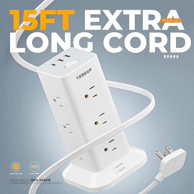 Surge Protector Power Strip Tower, TESSAN 15 ft Flat Extension Cord Surge Protection 900J with 12 AC Outlets and 3 USB (1 USB C), Multiple Charging Station for Office Supplies, Dorm Room, Home, White