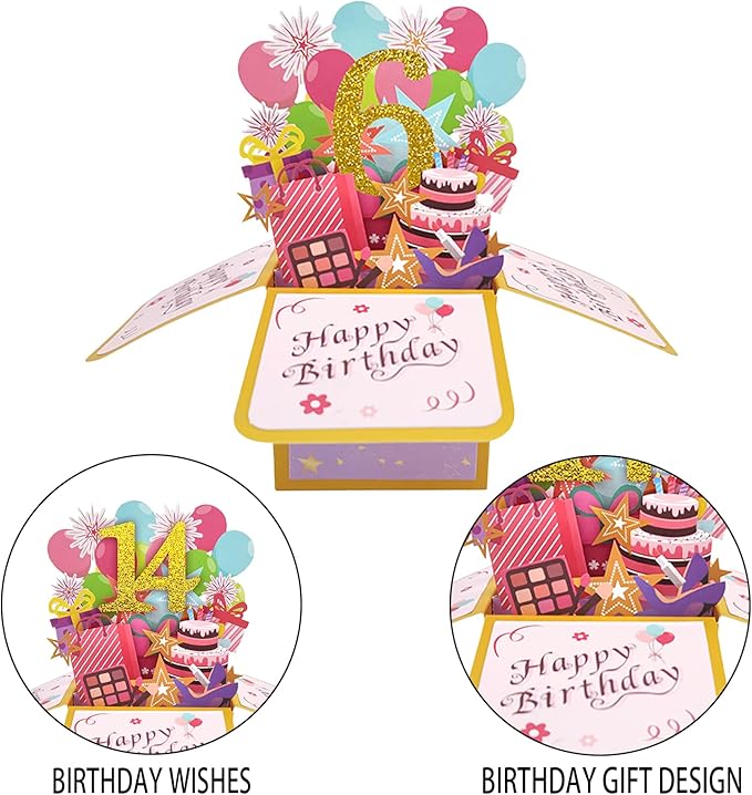 Asmallgf Happy 6th Birthday Pop Up Card for Daughter Niece, Funny 6 Years Old Birthday Gifts for Girl Boy, Sweet 6 Birthday Gift Ideas for Him Her