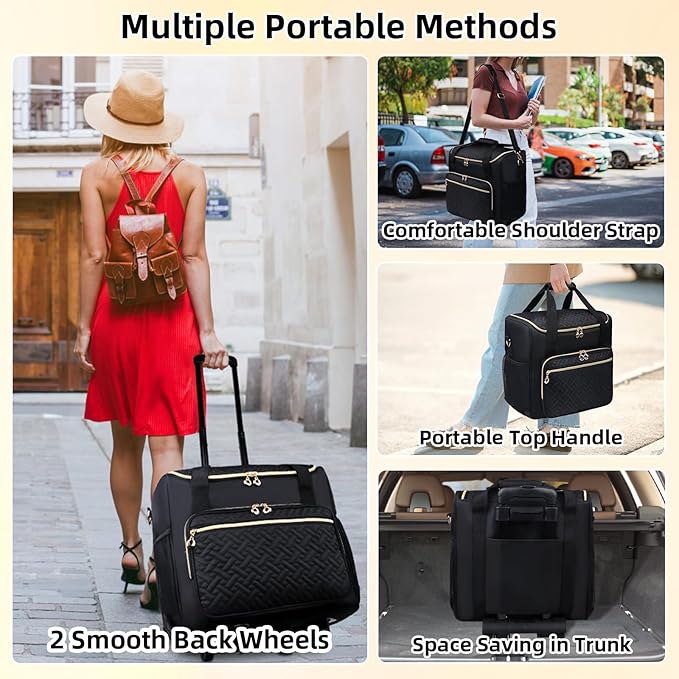 Rolling Teacher Tote Bag with Detachable Trolley, Wheeled Teacher Bag with 15 Inch Laptop Compartment, Soft Nylon Multifunctional Tote Bag with Wheels for Teaching& Office Supplies (Black)