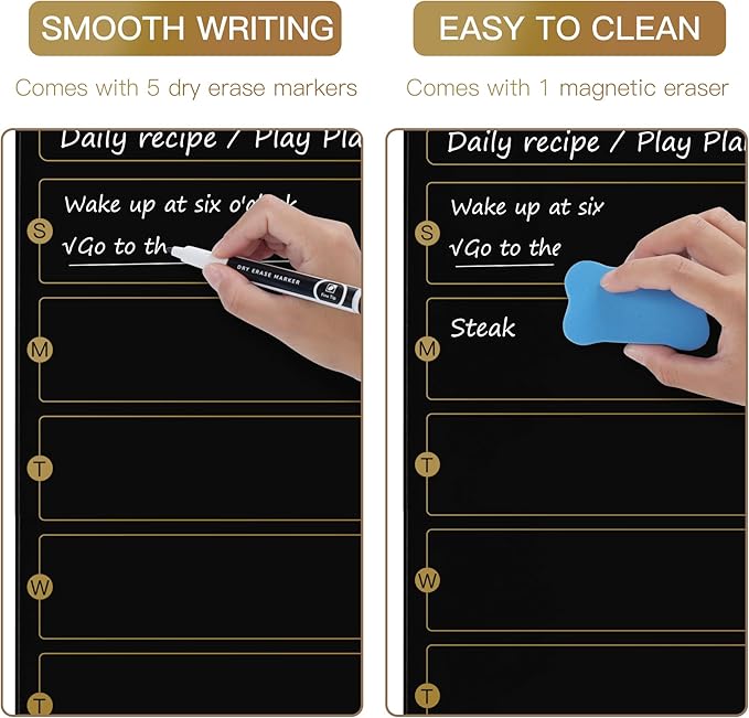 SELEAD Magnetic Glass Whiteboard Weekly Planner - 16”x24” Dry Erase Calendar White Board for Wall, Menu Notes Grocery List Board for Home Kitchen Restaurant - Black&Gold