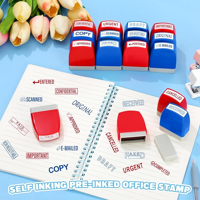 Crtiin 16 Pcs Office Stamp Set Message Self Inking Rubber Stamp Set for Office Stamps Completed Faxed Scanned Stamps for Message Supplies(Red, Blue)
