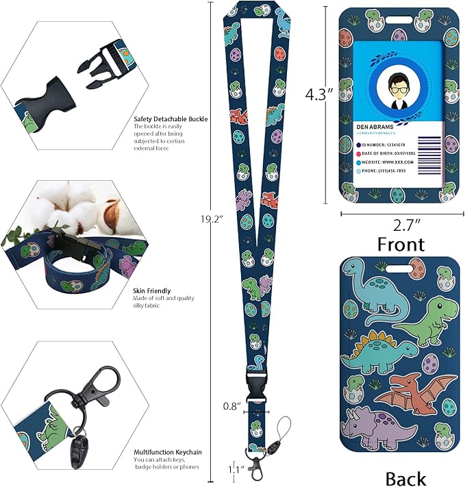 Cute Dinosaur Lanyards for Id Badges, Retractable ID Badge Holder with Detachable Lanyard, Fashionable Badge Reel Heavy Duty with Carabiner Clip, Nurse Teacher Office Gifts