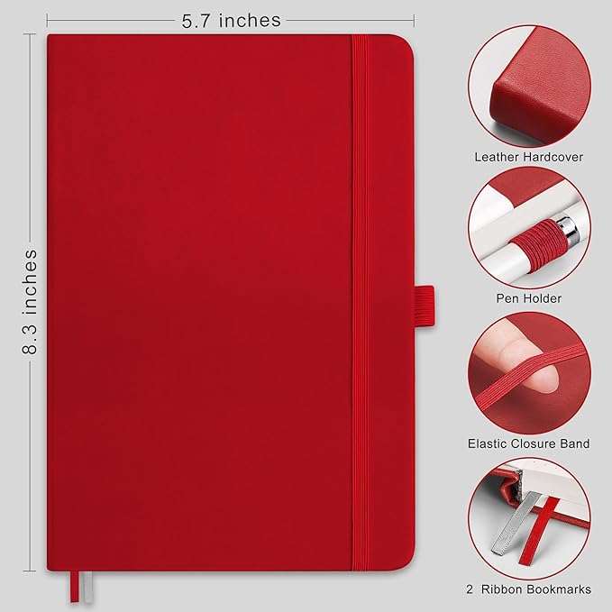 RETTACY Journaling Notebooks, A5 Lined Notebook Journal with 320 Numbered Pages, 5.7'' × 8.3'', Medium Size, Journal Notebook for Writing, Work, Leather Hardcover, 100 GSM Thick Paper (Red)