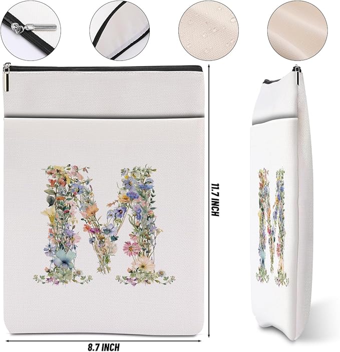 Monogrammed Book Sleeve Floral M Initial Book Pouch Book Accessories Book Lovers Gifts Waterproof Book Cover Book Protector Bookish Gifts Personalized Gifts for Women Girls Readers Bride Niece