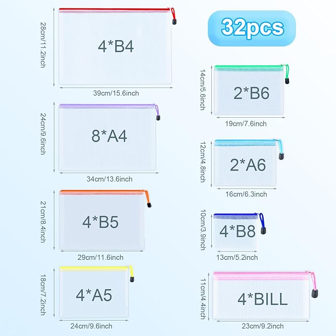 32pcs Mesh Zipper Pouch Bags, 8 Sizes Zipper Pouch, Mesh Bags With Zipper, Plastic Zipper Pouches, 8 Colors Zipper Pouches for Organizing, Board Game Storage, Travel, School Office Organize