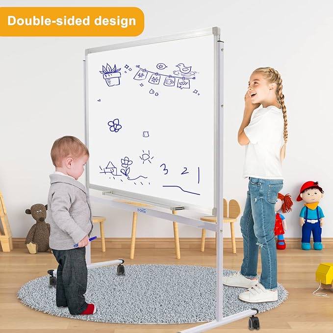 H-Qprobd Mobile Whiteboard 36"x24" Magnetic Dry Erase Board with Stand - Adjustable Height Double Side Rolling White Boards on Wheels for Home, Office & School