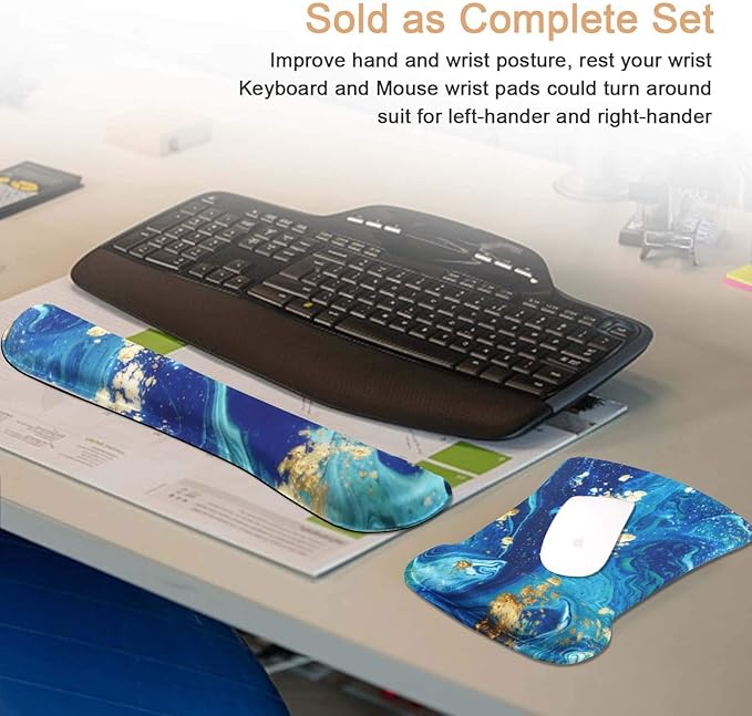 iCasso Keyboard Wrist Rest and Mouse Wrist Rest Pad, Made of Memory Foam, Ergonomic Support, Easy Typing and Relieve Wrist Pain, Perfect for Gaming, Computer, Office, Laptop (F-Blue Gold)