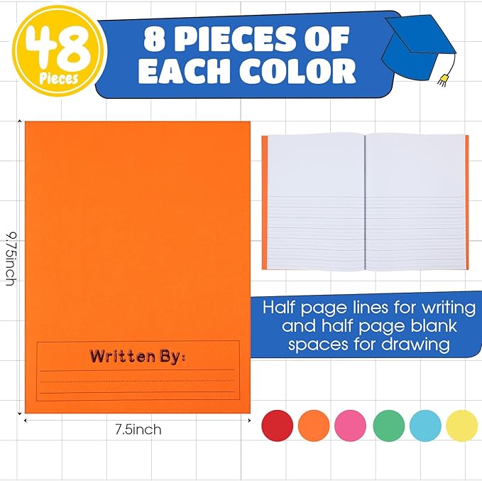 Henoyso 48 Pcs Primary Composition Notebook K-2 9 3/4 x 7 1/2 Inch Primary Journal Blank Writing Book for Kid to Write Draw and Journal 60 Page Notebook Back to School Supplies (Colorful)
