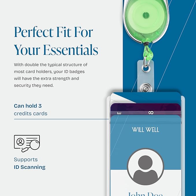 Will Well ID Badge Holders with Clip and Keyring - Vertical Clear Plastic 3.7" x 2.5" Sleeves Fit Up to 3 Cards - Retractable 24" UHMWPE Fiber Pull Cords - 2-Pack, Transparent Green Reels