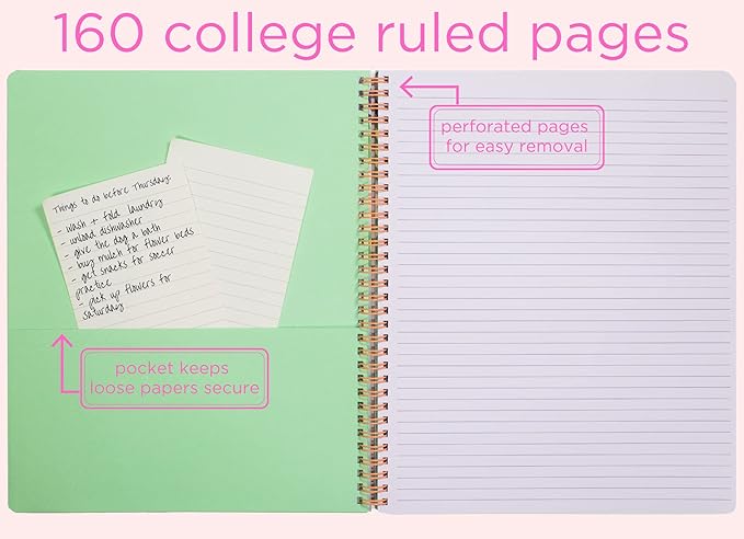 Steel Mill & Co Cute Large Spiral Notebook College Ruled, 11" x 9.5" with Durable Hardcover and 160 Lined Pages, Mint Floral