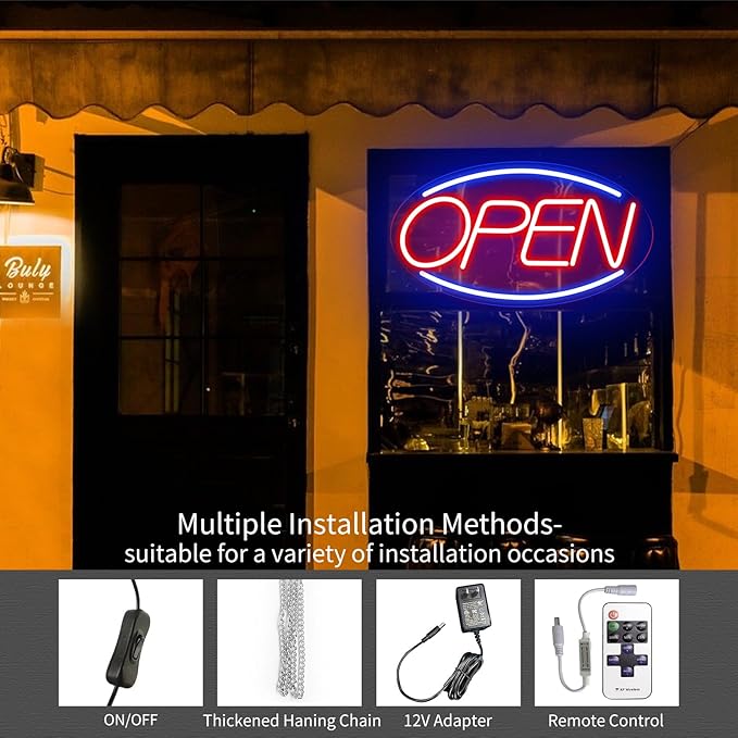 Open Signs for Business Ultra Bright LED Neon Open Signs for Business Storefront Window Glass Door Shop Store Florists Bar Salon Pubs with ON/OFF Switch (Blue/Red- Oval, 32 Inch)