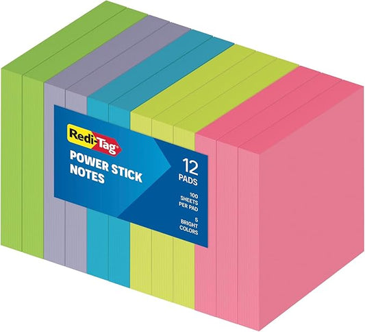 Redi-Tag Sticky Notes, Power Stick Notes, Adhesive Reminders, 3" x 3" Reusable Notes, Strong Adhesive Memos, Assorted Bright Colors, 12 Pack (1000976)