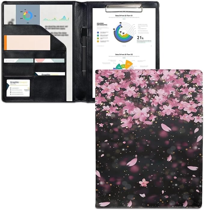Office Folder Pink Cherry Blossom Print PU Leather Padfolio with A4 Size Clipboard Clip for Business Resume Interview Document Sleeve Binder Folder for Men/Women