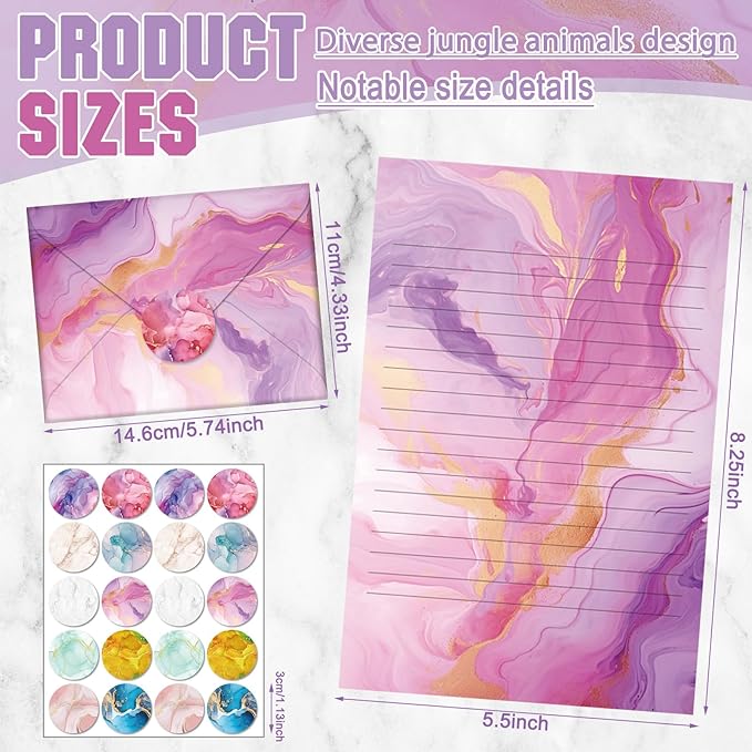 TaoBary 160 Packs Stationery Paper Set (50 Double Sided Stationery Writing Papers 50 Matching Envelopes) 60 Round Dot Sticker, 10 Design(Marble,5.5 x 8.25 Inch)