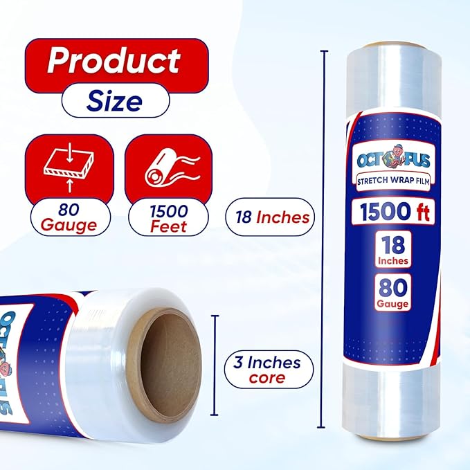 OCTOPUS Stretch Wrap, Industrial Strength 2 Roll Clear, 18” x 1500 feet, 80 Gauge (20 Micron), Heavy Duty Plastic Shrink Film for Packing, Wrapping, Bundling, Shipping, Pallets, and Moving Essentials