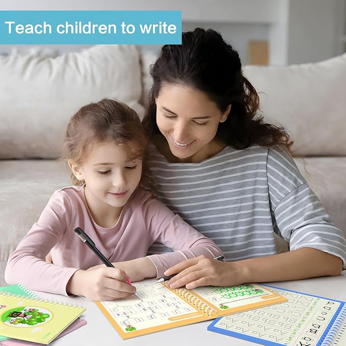 Grooved book magic pens for kids disappearing ink pens and reusable grooved handwriting practice or grooved writing books for kids 3-5, children magic copy books, invisible ink pen refills.