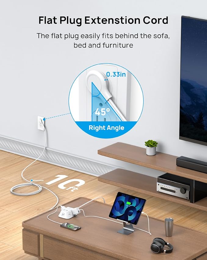 TROND Flat Extension Cord 10ft, Ultra Thin Flat Plug Power Strip, 5 Widely-Spaced AC Outlets and 3 USB Ports, 1440J Surge Protector, 3-Sided Wall Mount for Home Office Dorm Room, White