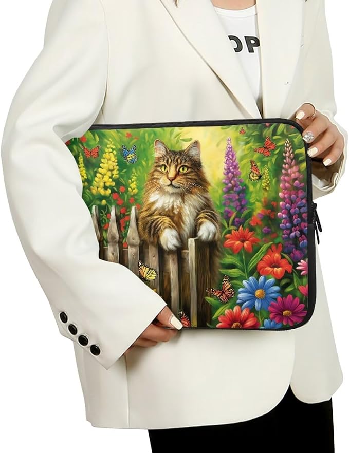 Cats Flower Printed Laptop Briefcase for Women Men, Waterproof 12 Inch Laptop Bag Messenger Bag Lightweight Laptop Case for Office Business Traveling Daily Use, Gift for Father
