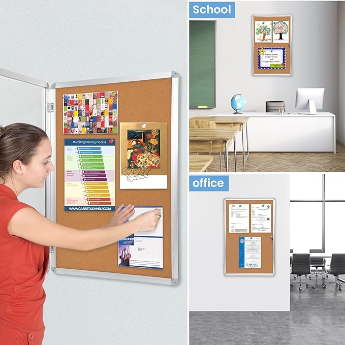 Magula 36"x24" Enclosed Cork Bulletin Board Tamper-Proof Dispaly Case, Aluminium Frame, Shatter Resistant Lockable Bulletin Board, Enclosed Cork Board for School, Office, Commercial, Hospital etc