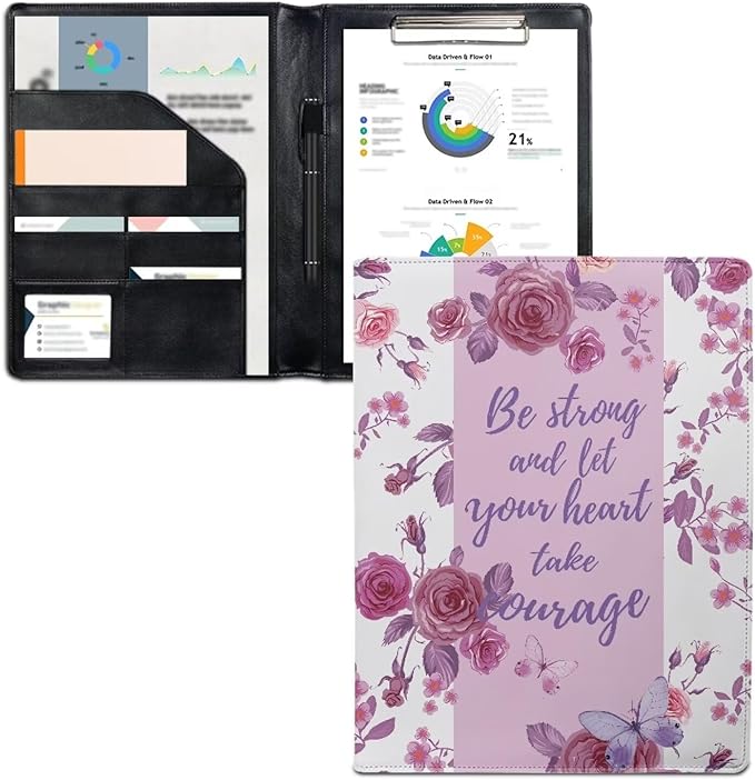 Cozeyat PU Leather Padfolio for Women Bible Inspirational Quotes with Rose Print Conference Folder Portfolio Interview Resume Folder A4/Letter Size