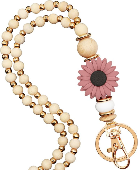 Wooden Teacher Lanyards for Id Badge Cute Flower Wood and Gold Beaded Lanyards for Women for Nurse Badge