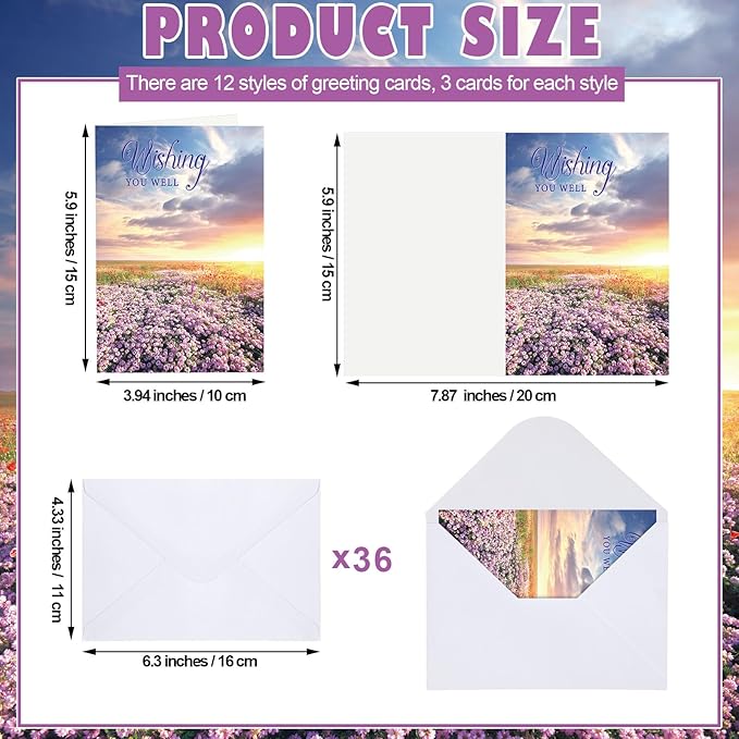 36 Sets Christian Get Well Soon Cards with Scripture Assorted Religious Bible Verse Wishing You Well Greeting Cards with Envelope(Floral Design)