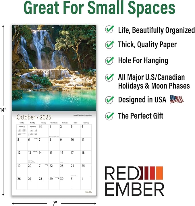 RED EMBER Waterfalls Mini 2025 Wall Calendar 12 Month | 7" x 14" Open | Thick & Sturdy Paper | Giftable | Calendar 2025