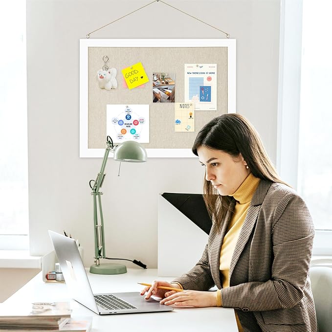 2-Pack Double-Sided Cork Board with Linen, 16" x 12" Hanging Wood Framed Bulletin Board, Picture Display Vision Board Kit Corkboards for Wall School Office Decor, 20 Pushpins (Vintage White)