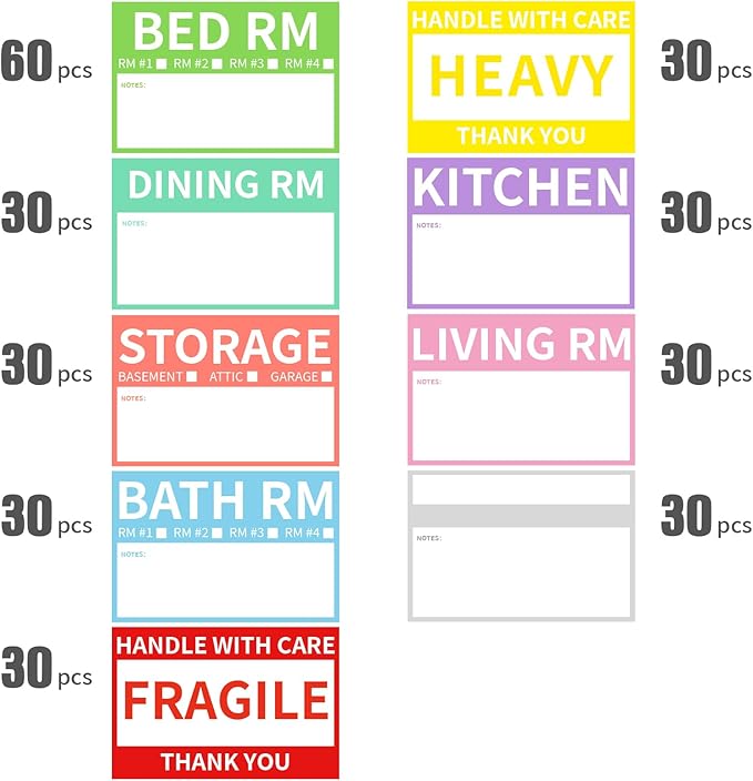 2” x 3’’ Removable Waterproof Home Moving Box Packing Labels for 1/2/3/4 Bedroom Rooms, 9 Designs Color-Coded Moving Stickers Including Fragile 、Heavy and Blank Labels (300 Labels)