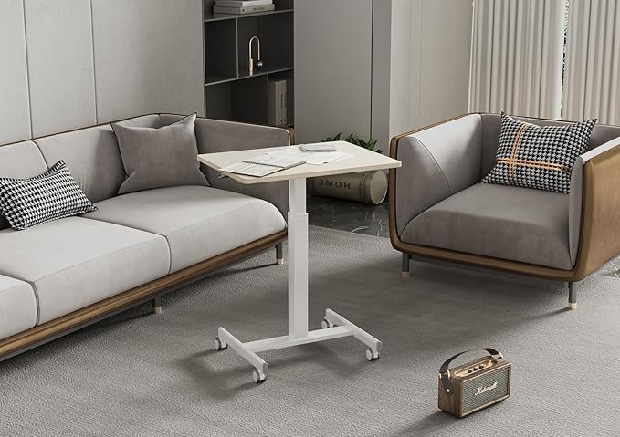 Mobile Standing Desk, Small Rolling Standing Desk, Mobile Desk Workstation with Wheels, Pneumatic Mobile Laptop Desk for Home Office with Hook, Natural