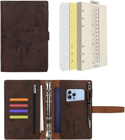 Wonderpool Leather Journal Refillable Binder A6 Writing Notebook Folder Organiser with Dotted Paper & Multi Pockets Cover for Business School Travel (A6, Coffee)