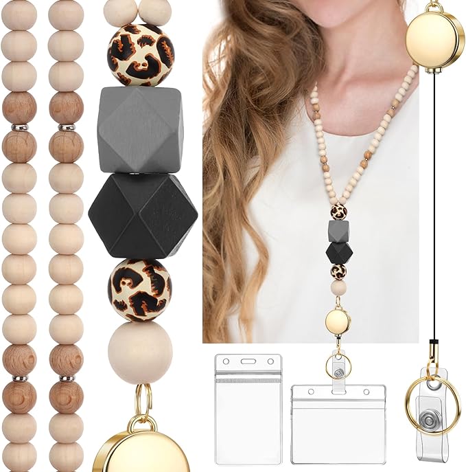 Teacher Lanyard with Id Holder, Cute Lanyards for Id Badges Keys, Retractable Natural Wooden Beaded Lanyard for Women
