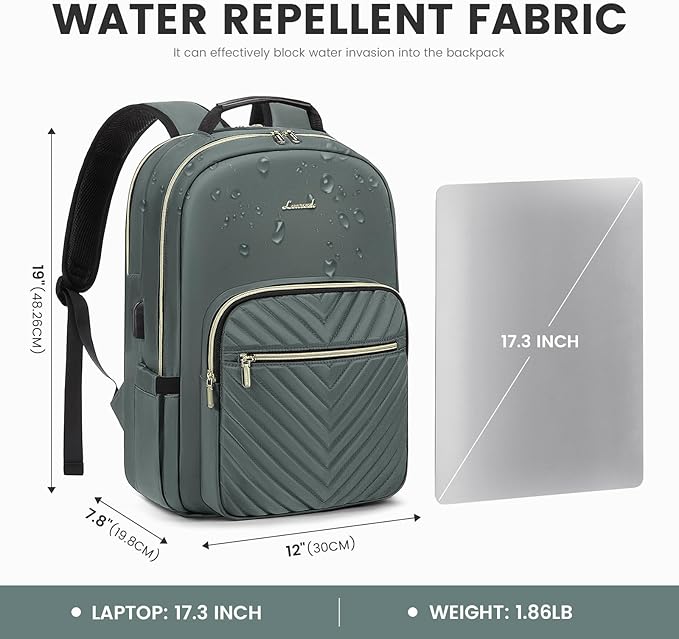 LOVEVOOK Laptop Backpack for Women 17.3 inch,Cute Womens Travel Backpack Purse,Professional Laptop Computer Bag,Waterproof Work Business College Teacher Bag Carry on Backpack with USB Port,Grass Green