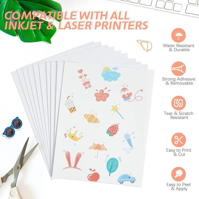 HTVRONT Printable Vinyl for Inkjet & Laser Printer - 10 Sheets 100 g Glossy White Printable Vinyl Sticker Paper Vivid Color Dries Quickly, 8.5"x11" Tear Resistant Printer Sticker Paper