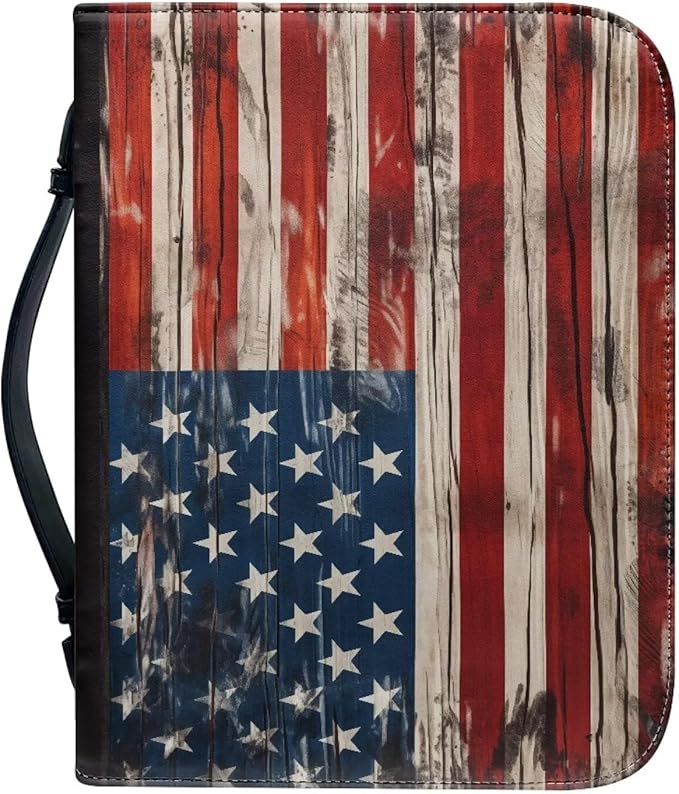 Lotusorchid American Flag Print Bible Case for Men, Zippered PU Bible Book Cover with Handle Pocket Portable Bible Cover Case Bible Cover Carrier Carrying Organizer Bag for Women, 2XL