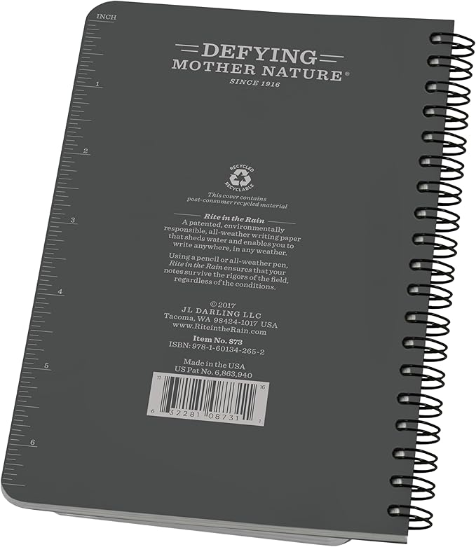 Rite in the Rain Weatherproof Side Spiral Notebook, 4.625" x 7", Gray Cover, Universal Pattern (No. 873)