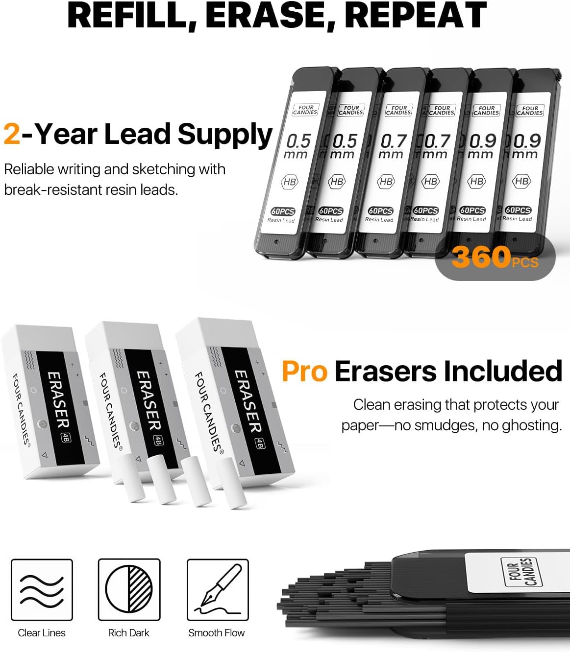 Four Candies Metal Mechanical Pencil Set - 3PCS 0.5 & 0.7 & 0.9 mm Art Pencils & 360PCS HB Lead Refills & 3PCS Erasers & 9PCS Eraser Refills, for Drawing, Writing, Sketching, Drafting - With Case